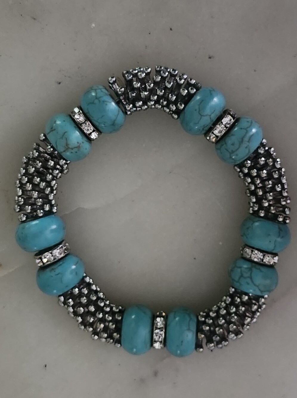 Turquoise Bead Stretch Bracelet with Silver Crystal Accents